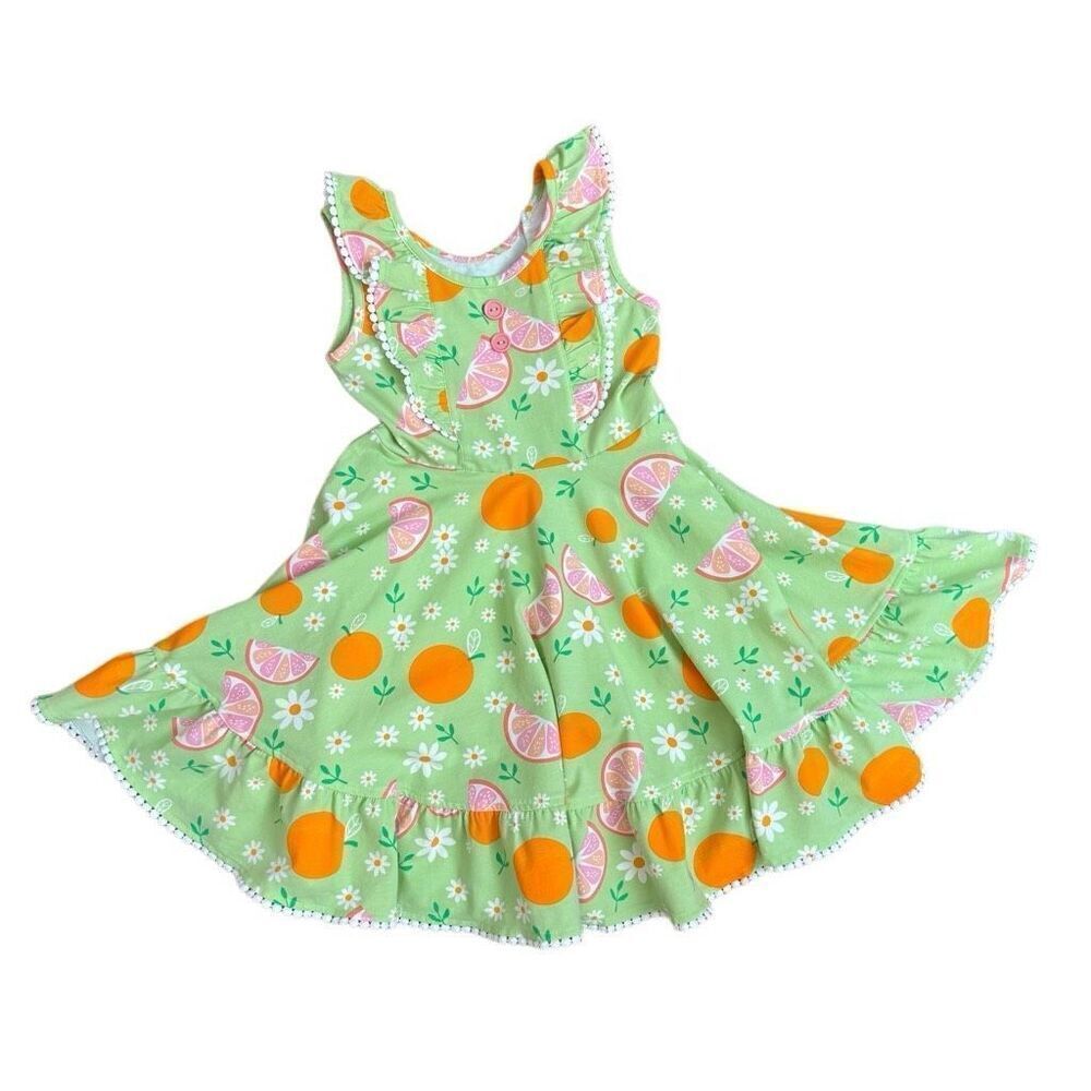 Eleanor Rose Demi Dress Size 7-8 Green Oranges Daisy Floral Sleeveless NEW